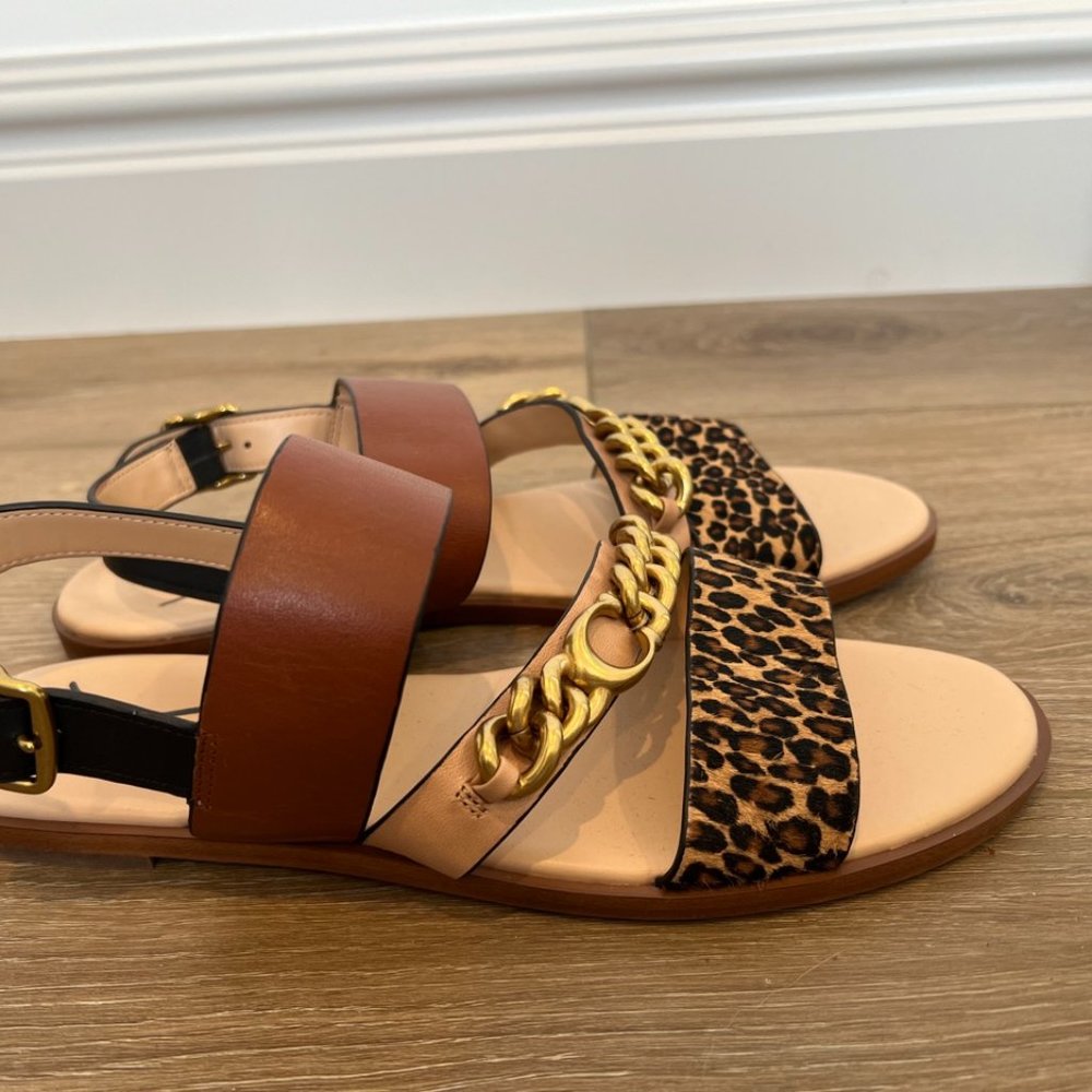 Coach Heather C-Chain Leopard-Print Calf Hair & Leather Slingback Sandals
